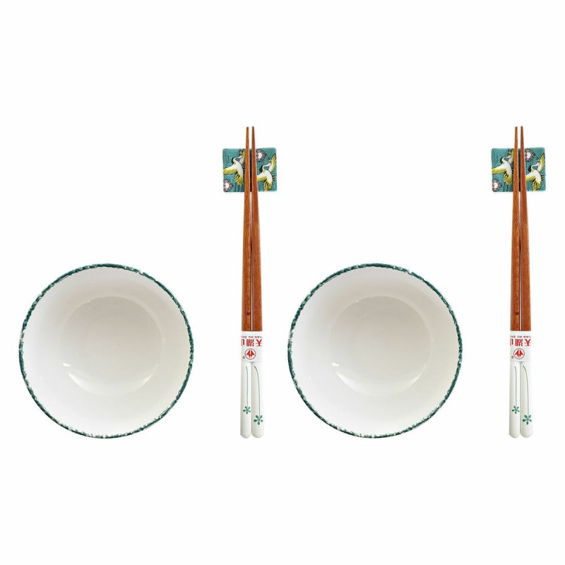 Sushi Set DKD Home Decor 25 x 25 x 6,5 cm Porcelain Wood White Green Oriental (6 Pieces) (25 x 25 x 6,5 cm) (6 pcs)