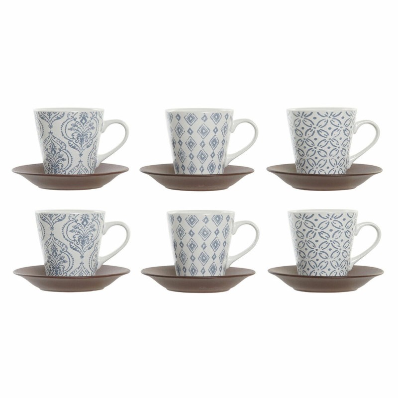 Taza DKD Home Decor Azul Blanco Marrón Madera de caucho Gres 150 ml