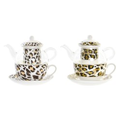 Tetera DKD Home Decor Leopardo Cristal Porcelana Marrón Transparente Blanco (2 Unidades)