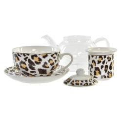 Tetera DKD Home Decor Leopardo Cristal Porcelana Marrón Transparente Blanco (2 Unidades)