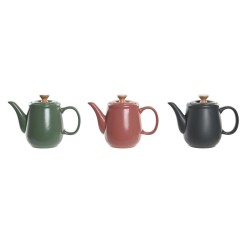 Teapot DKD Home Decor Green Pink Natural Dark grey Rubber wood Stoneware 1 L (3 Units)