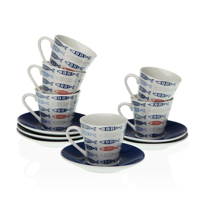 Juego de Tazas con Platos Versa Porcelana 5,8 x 6 x 5,8 cm Peces Café (12 Piezas)