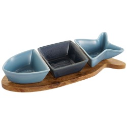 Appetizer Set Home ESPRIT Blue Navy Blue Porcelain Acacia Fish Mediterranean 28 x 9,7 x 1,3 cm 4 Pieces