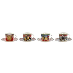 Set of Mugs with Saucers Home ESPRIT Yellow Red Porcelain 12,5 x 12,5 x 1,5 cm (4 Units)