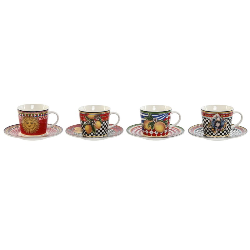 Juego de Tazas con Platos Home ESPRIT Amarillo Rojo Porcelana 220 ml 15,6 x 15,6 x 1,7 cm (4 Unidades)